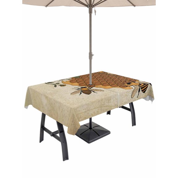 Outdoor Tablecloth with Umbrella Hole and Zipper, Vintage Bees Rectangle Table Cloth 60x120 Inch Waterproof Tablecloth, Daisy Floral Pastoral Retro Art Picnic Table Cover for Patio Camping