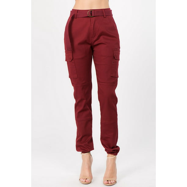 Love Moda Women's Slim Fit Twill Belted Jogger Pants (Burgundy, Small # ...