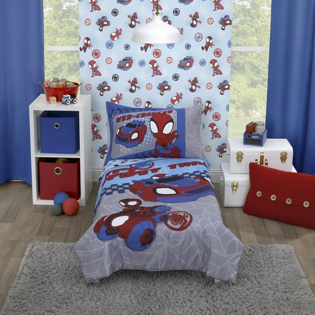 Juego de cama para niños pequeños NoJo Marvel Spiderman Spidey Time, 4 piezas