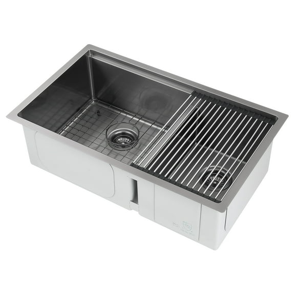 Ancona Évier de Cuisine Encastré 32” 60/40 à Double Bol avec Grille et Tapis Enroulable