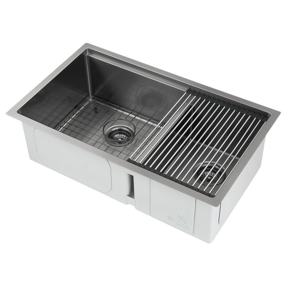 Ancona Évier de Cuisine Encastré 32” 60/40 à Double Bol avec Grille et Tapis Enroulable