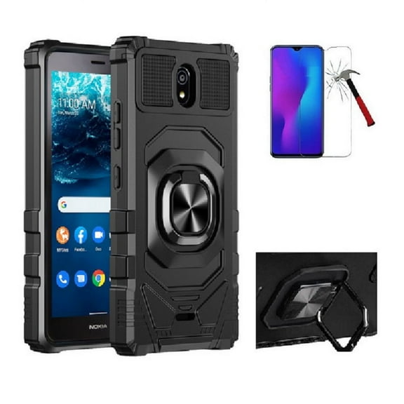 Phone Case for Nokia C100,  Ring Stand Hybrid Case Cover   Tempered Glass (Black)