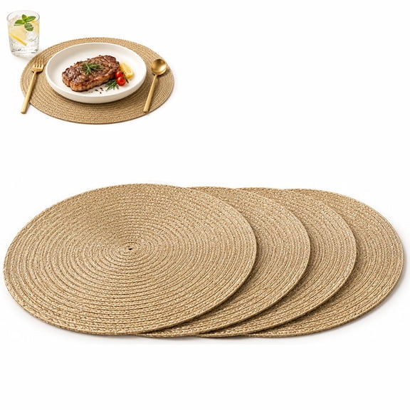 4Pcs Round Braided Placemats 15 inch Non-Slip & Heat Resistant Braided Table Mats Washable Hot Pads for Kitchen Household Insulation Mat Dining Table Decor