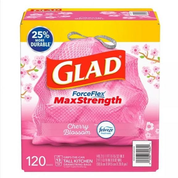 Glad ForceFlex MaxStrength Tall Trash Bags, Cherry Blossom with Febreze Freshness, 120 ct./13 gal.