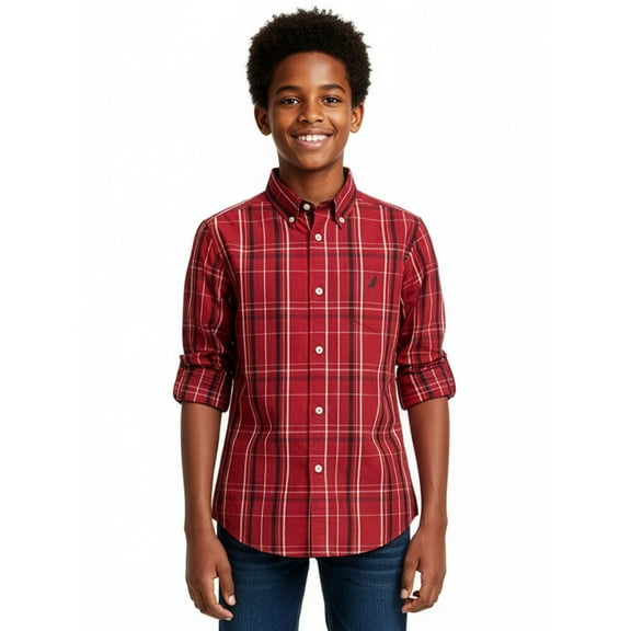 Nautica Boys' Plaid Button-Up Shirt Color: red Size: 8