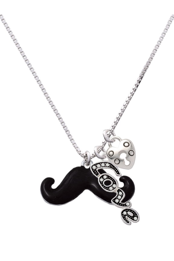 Silvertone Large Black Enamel Mustache - Love and Lock Charm Necklace, 18"+1"
