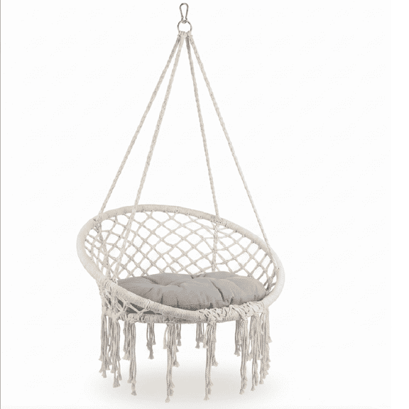 Boho Macrame Hanging Chair, Hammock Swing Chair with Tassels, Gray Decor Chair for Cafe Nursery Airbnb Lounge, 330 Lbs