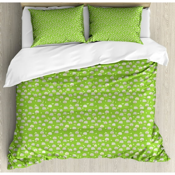 Goat Duvet Cover Set Queen Size, Pattern with Graphic Goat Herd Grazing on Green Meadow Full of Daisies Print, Decorative 3 Piece Bedding Set with 2 Pillow Shams, Pale Grey Lime Green, by Ambesonne
