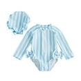 thumbnail image 2 of CUZIBR Baby Swimsuit 2 Piece Swimsuit Rash Guard Stripe Pritn Long Sleeve Onesize Bikini Beachwear Ruffled Round Neck Pool Beach Travel Swimwaer Holiday,Sky Blue,12-18 Months, 2 of 4