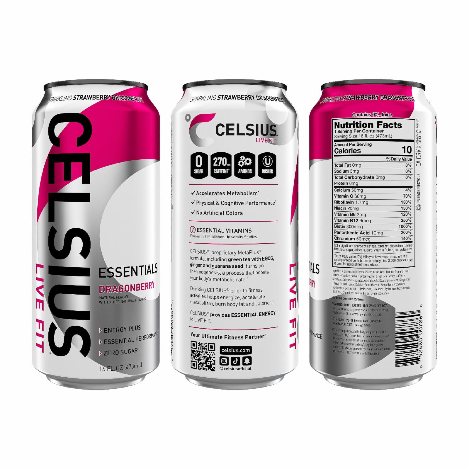 (5 pack) Celsius Essentials Sparkling Dragonberry Flavor Energy Drink, 16 fl oz