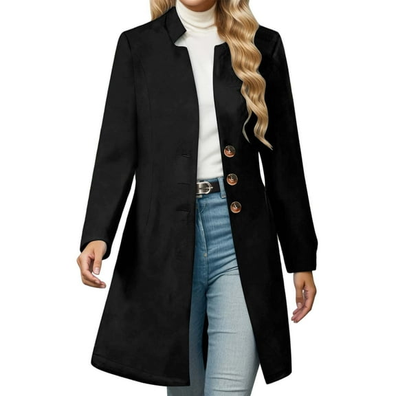 DHFJKG Jackets For Women Trench Coat Long Sleeve Button Down Mediun Length Slim Fit Overcoat Timeless Solid Color Soft Outerwear