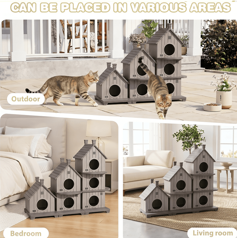 Fazzn Outdoor Cat House with Porch: Weatherproof Insulated Shelter for Cats, Kittens, and Puppies, Including Feral Cats. Features Multiple Entrances, an Elevated Base, and Easy Assembly.Blue/Brown