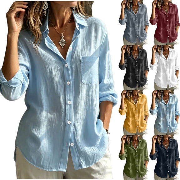 Ashirexll Summer Tops for Women Solid Color Long Sleeve Button Linen Shirt with Pockets Casual Summer Blouse