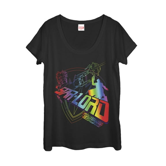 Women's Marvel Guardians of Galaxy Rainbow Star-Lord Shield Scoop Neck Black 2X Large