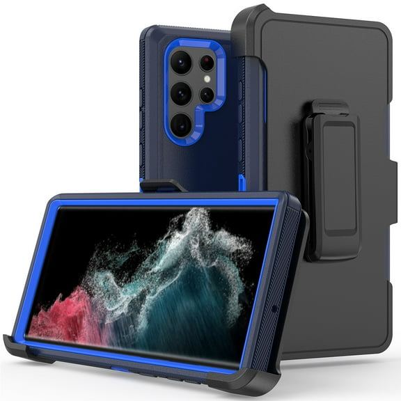 Xhy Samsung Galaxy S22 S22 Plus S22 Ultra 5G Case with Belt Clip Holster Heavy Duty Hard Shockproof Armor Protector Phone Case Cover (Dark Blue&Blue)
