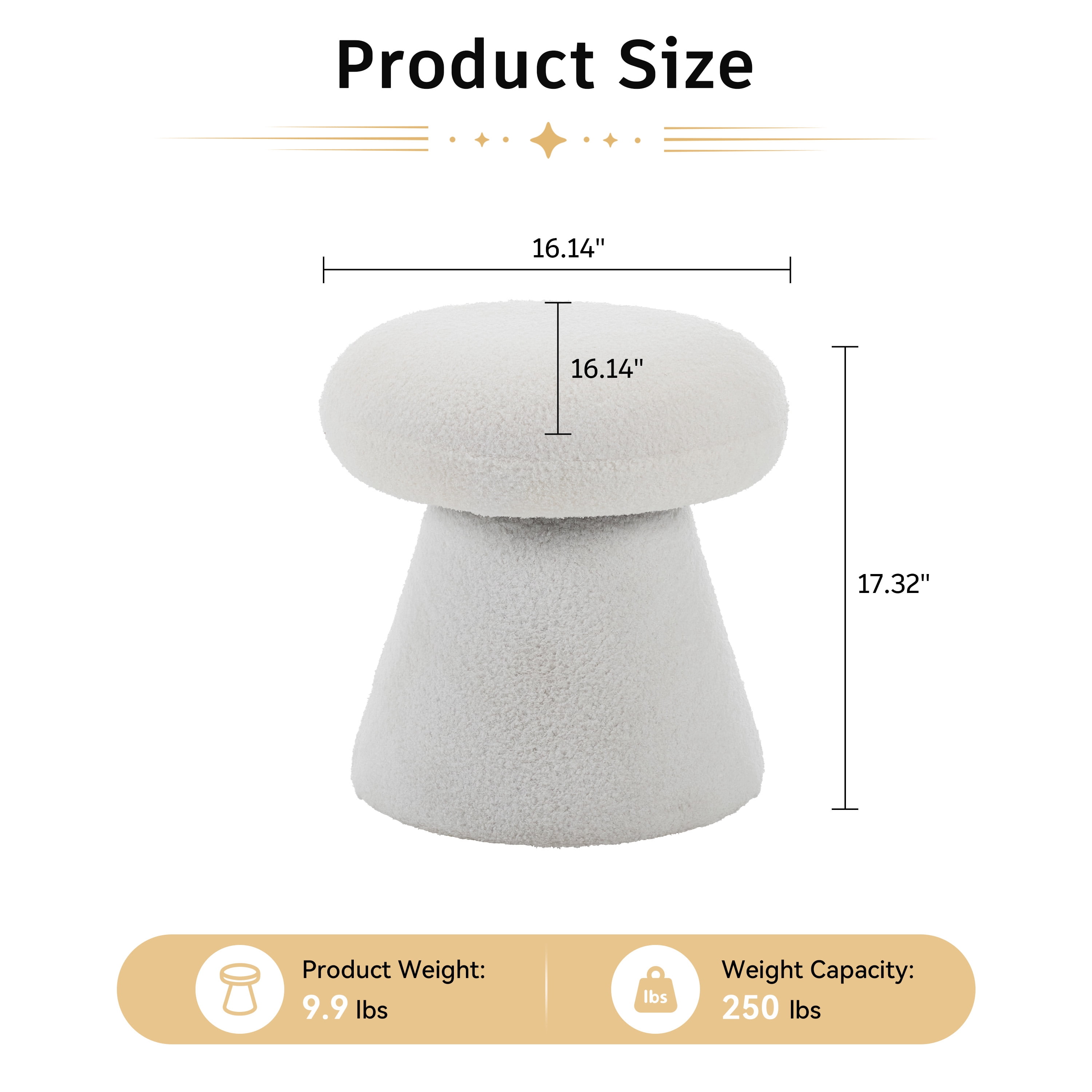 Teddy Fabric Mushroom-Shaped Ottoman with 360-Degree Swivel, Soft-Padded Footstool and Shoe-Changing Stool for Bedroom, White