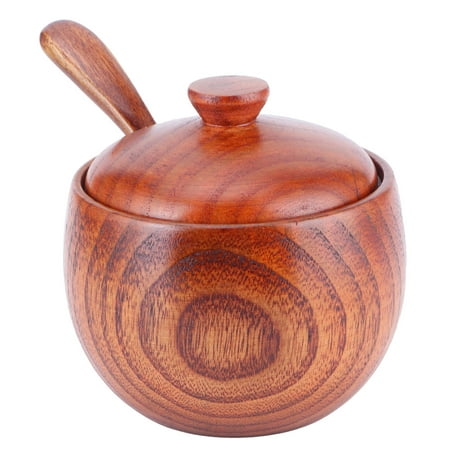 

Wood Salt Box Spice Jar Natural Wooden Salt Cellar with Lid and Spoon Sugar Bowl Pepper Seasoning Container Holder Keeper for Kitchen Serving Condiment Chili Powder Japanese Style