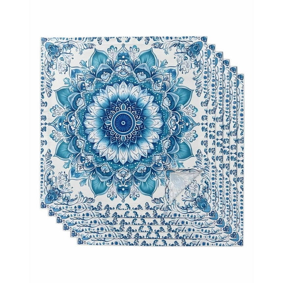 Hokiten Kitchen Dinner Napkins Set of 6 White Blue Boho Cloth Napkins Reusable Washable Table Napkins for Weddings Cocktail Parties Holiday Table Decor 20x20 Inch