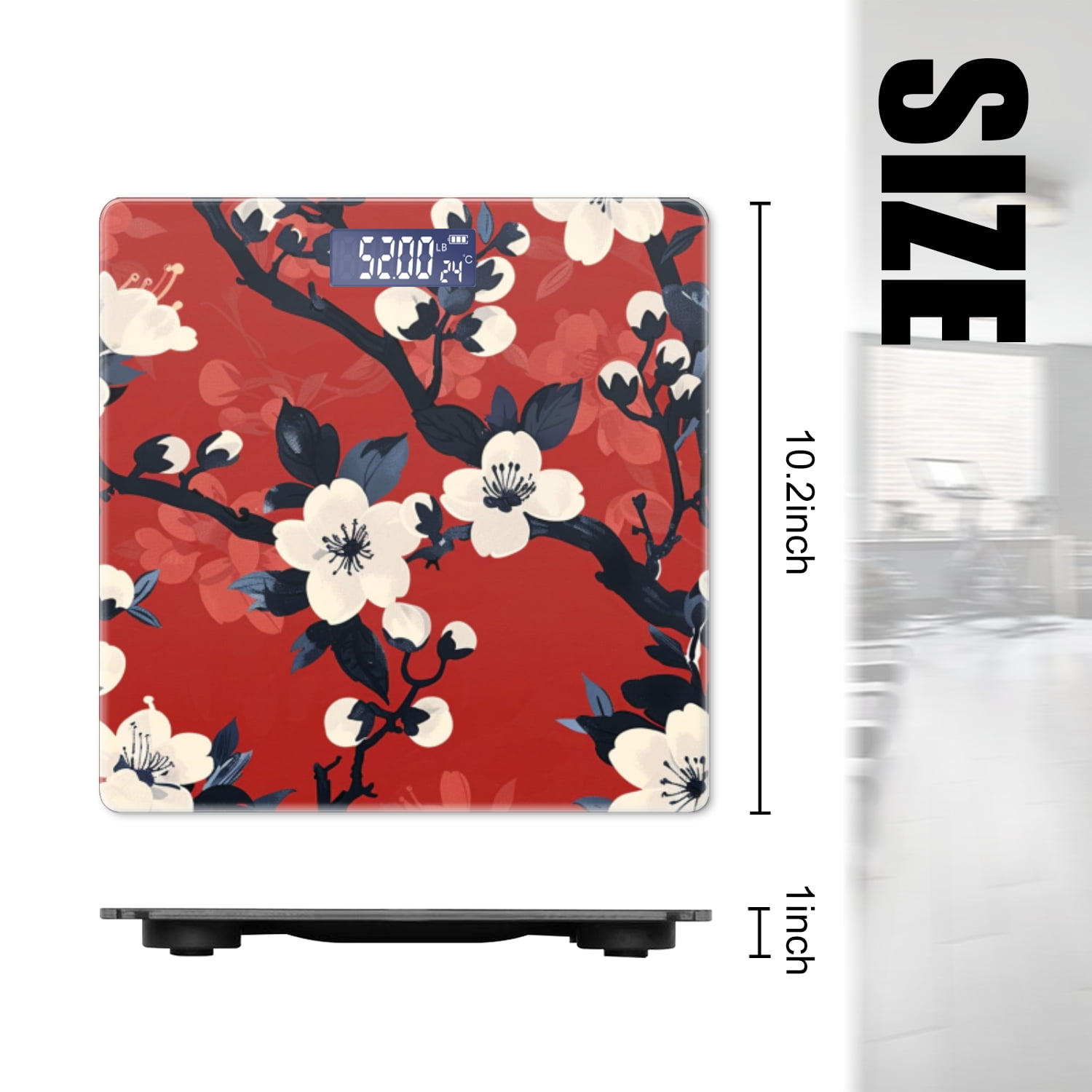 High Precision Body Weight Scale Smart Bathroom Scales with Large LCD Display(400lbs),Decorative for Bedroom-Red Background With White Blossom