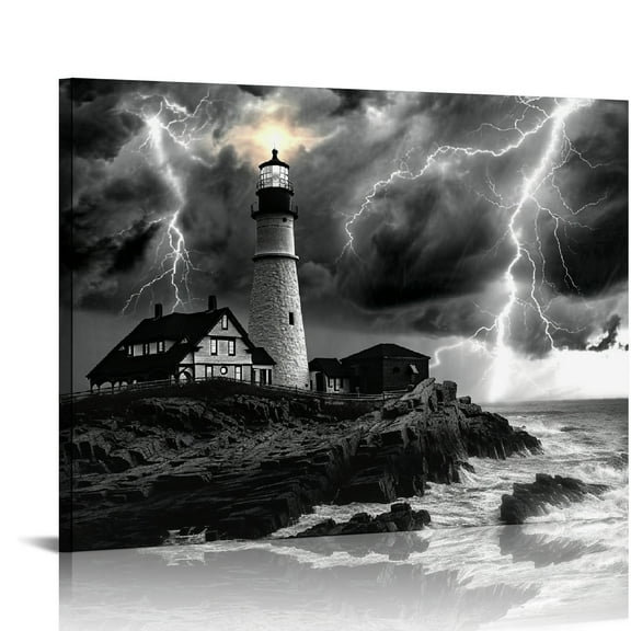 COMIO  Black and White Lightning Canvas Wall Art Lighthouse Pictures Photo Prints Nature Ocean Storm Artwork Framed