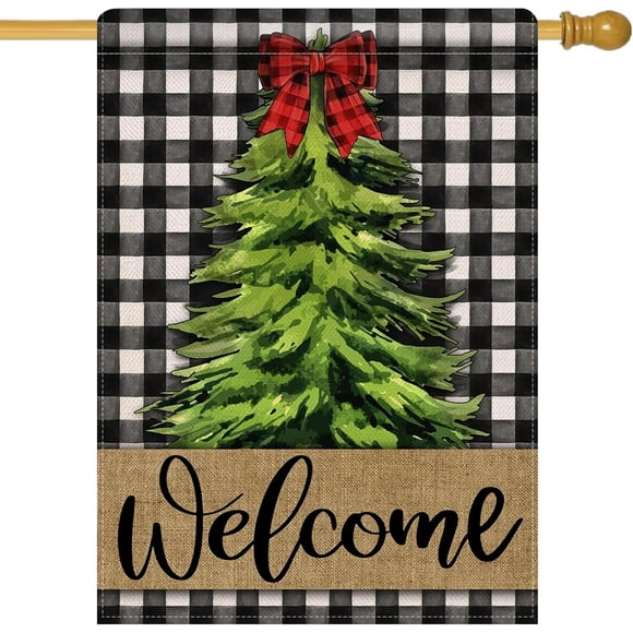 Welcome Christmas Pine Tree Large Decorative House Flag, Xmas Buffalo Plaid Check Farmhouse Yard Garden Outside Decor, Winter Holiday Burlap Outdoor Home Decoration Double Sided 28 x 40