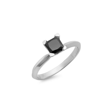 10k Gold Diamond Solitaire Ring - 10K White Gold Princess Cut Black Diamond Ladies Solitaire Bridal Engagement Ring