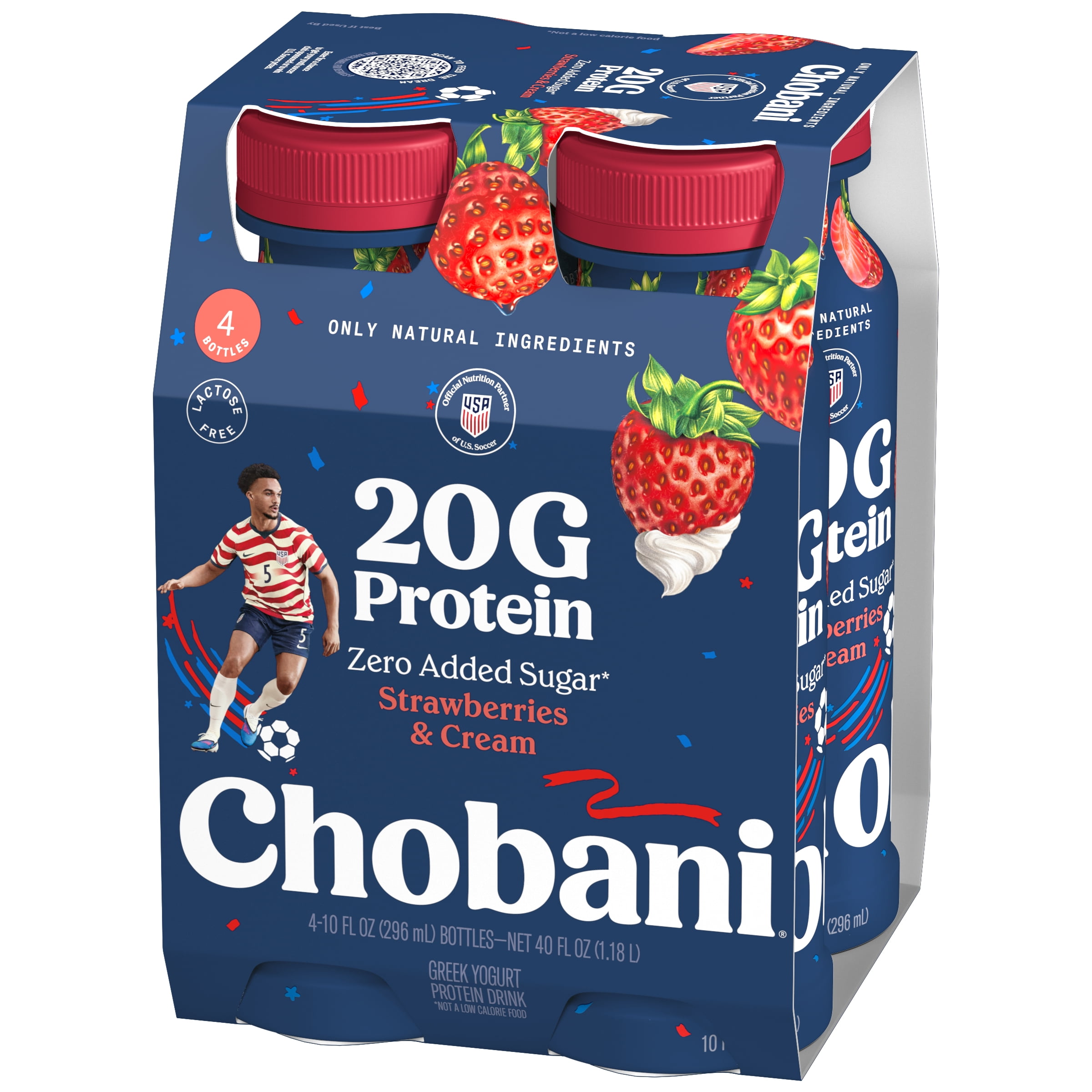 Chobani 20G Protein Low-Fat Greek Yogurt Drink, Strawberries and Cream 10 fl oz Bottle, 4 Pack