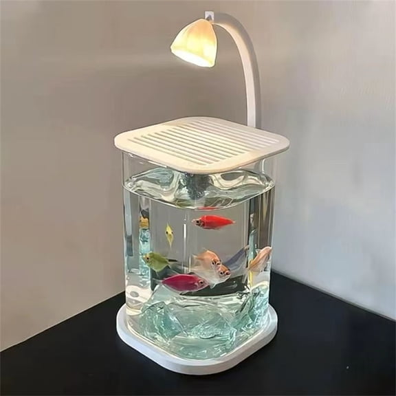 Mini Desktop Fish Tank With LED Light, 1L Small Glass Aquarium Starter Kit For Betta Fish & Small Aquatic Pets, USB Powered (10x15x24.5cm)