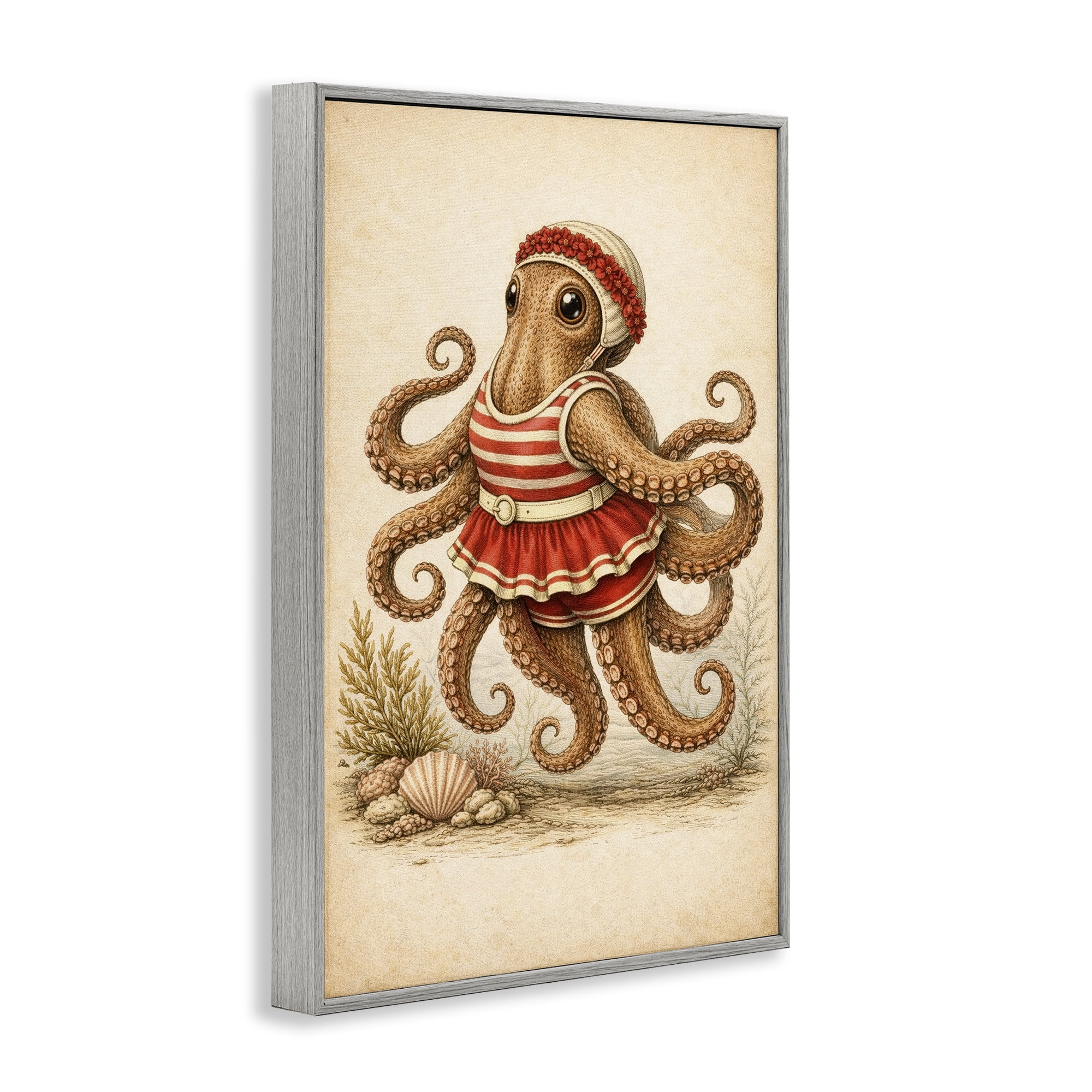 Stupell Industries Octopus of Maritime Bathing Society Gray Framed Giclee Art, design by Grotto Studios