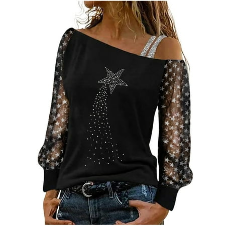 

Women Long Sleeves Floral Casual Shirts Off-the-shoulder Pullover Loose Shiny Sequin Blouse Tunic Tops