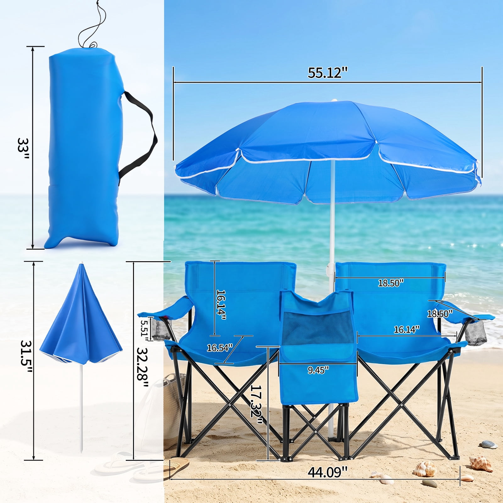 Double Fishing Chair with Detachable Sun Umbrella & Insulated Cooler Bag, 2 Person XL Folding Lounge Chair, Waterproof Oxford Cloth for Fishing Camping Beach Patio