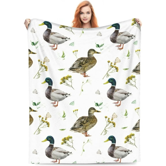 Cute Mallard Ducks Blanket Duck Butterfly Flower Print Gift for Kids Adults Ducks Lover Soft Flannel Plush Throws Lightweight Fluffy for Couch Sofa Couch Living Room Bed Camping Travel Decor 50"x 60"