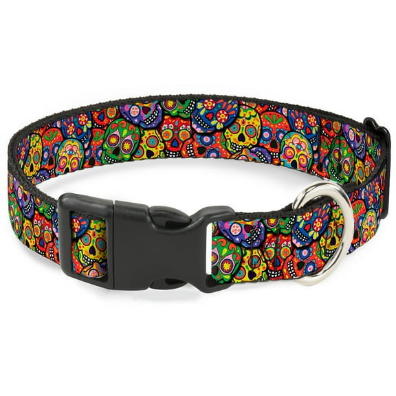 Thaneeya McArdle Pet Collar, Dog Collar Plastic Buckle, Colorful Calaveras Stacked Multi Color, 9.5 to 13 Inches 1.0 Inch Wide