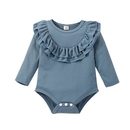 

Baby Girl Ruffle Romper Long Sleeve Ribbed Solid Color Onesie Bodysuit Fall Playsuit Infant Cute Romper Girl