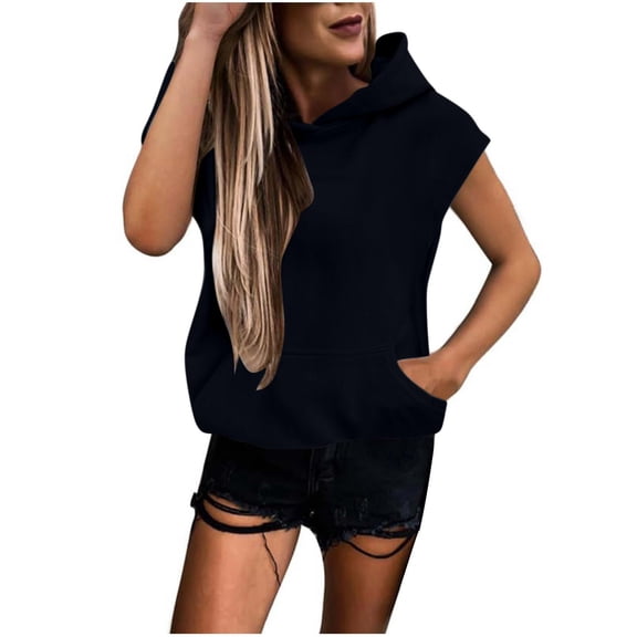 Winter Women's Fashion Hoodies & Sweatshirts Sleeveless Round Neck Causal Navy Hoodies Sweatshirt (L)