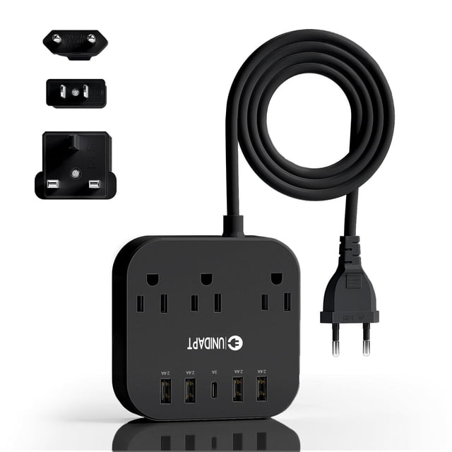Adaptador de Enchufe Europeo Unidapt Negro con Regleta y Cable de Extensión de 5 Pies