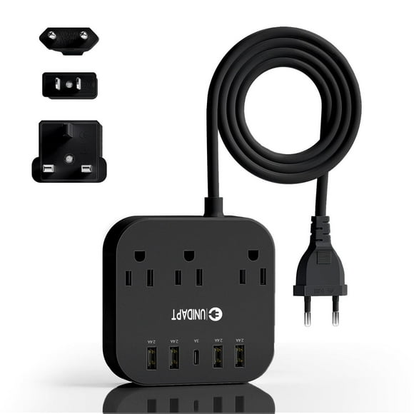 Adaptador de Enchufe Europeo Unidapt Negro con Regleta y Cable de Extensión de 5 Pies multicolor