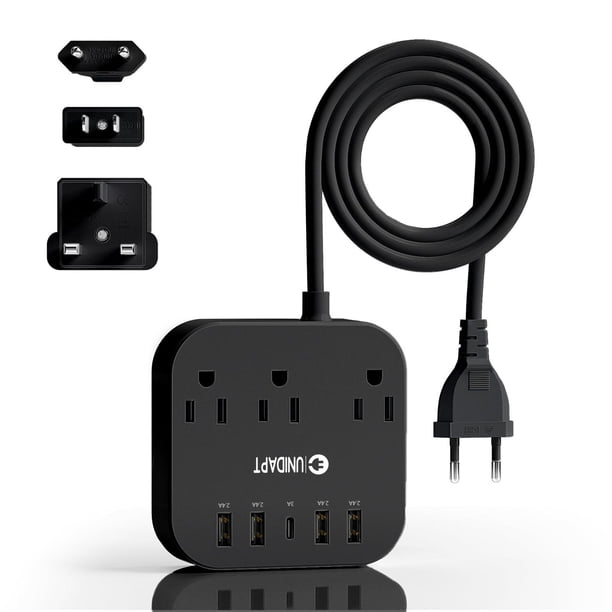 Adaptador de Enchufe Europeo Unidapt Negro con Regleta y Cable de Extensión de 5 Pies