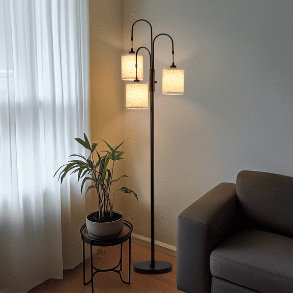 3-Lights Tree Floor Lamps For Living Room, 2700K Soft Warm, Rotary Switch, Metal, 70'' Tall, Modern Standing Lamp With Textured Linen Lamp Shade (3 LED Bulbs Included)