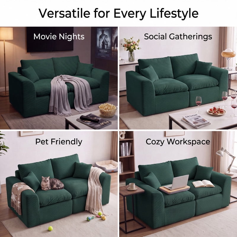 Gewnee Loveseat Sofa, Modular Cloud Couch, Corduroy 2 Seater Sofa with Removable Covers, No Assembly Required,Green