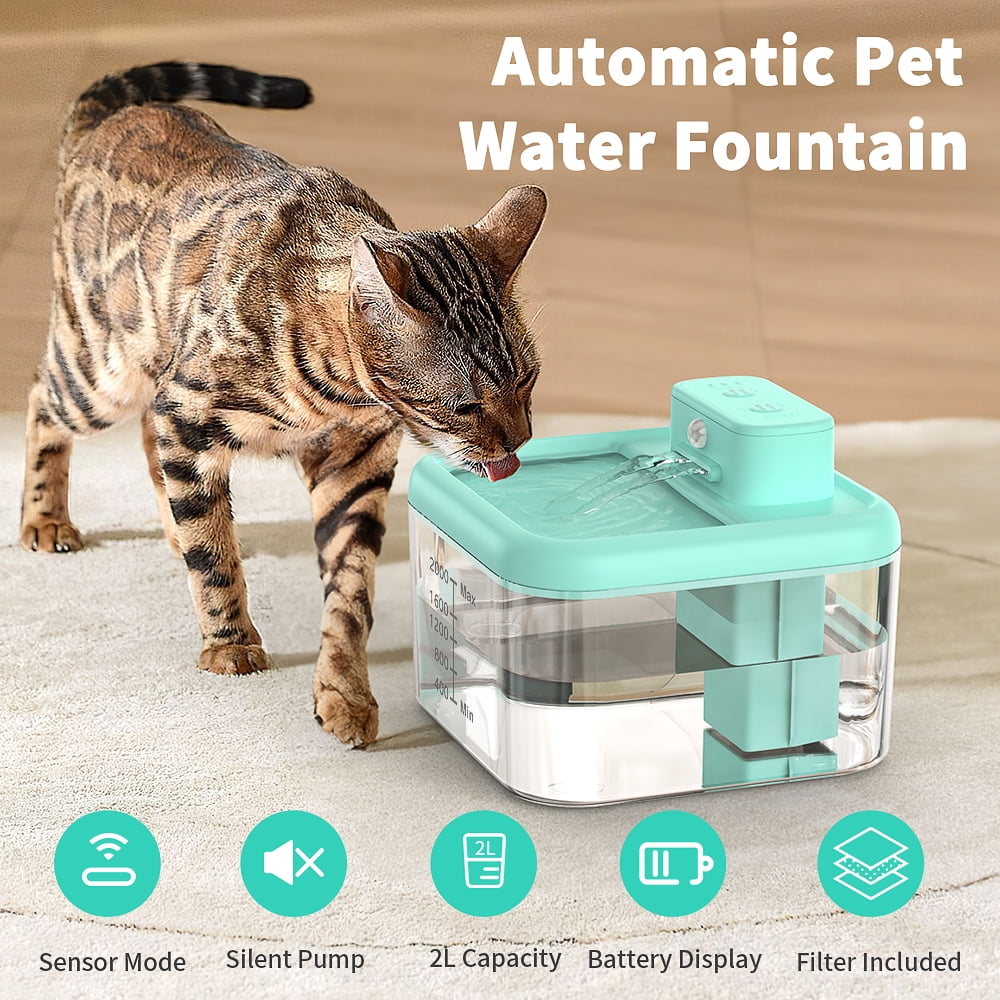 MASBRILL Wireless Cat Water Fountain 60oz/2L Automatic Water Dispenser For Pets Battery Operated Infrared Induction Cat Fountain,Ultra Quiet Pet Drinking Fountain BPA-Free,Blue