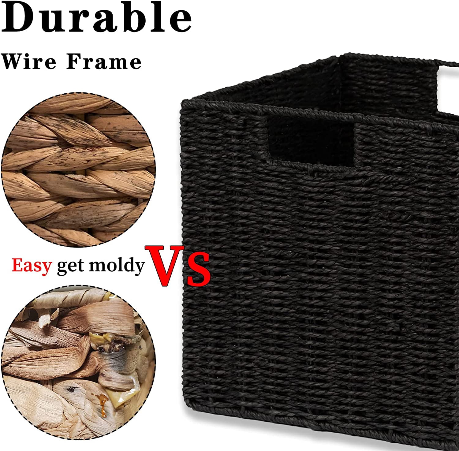 Storage Basket, Set of 2 Hand-Woven Storage Baskets for Organizing with Handles, Foldable Cube Storage Baskets Bins Organizer, 13 inch Large Wicker Baskets for Shelves & Decor, Black