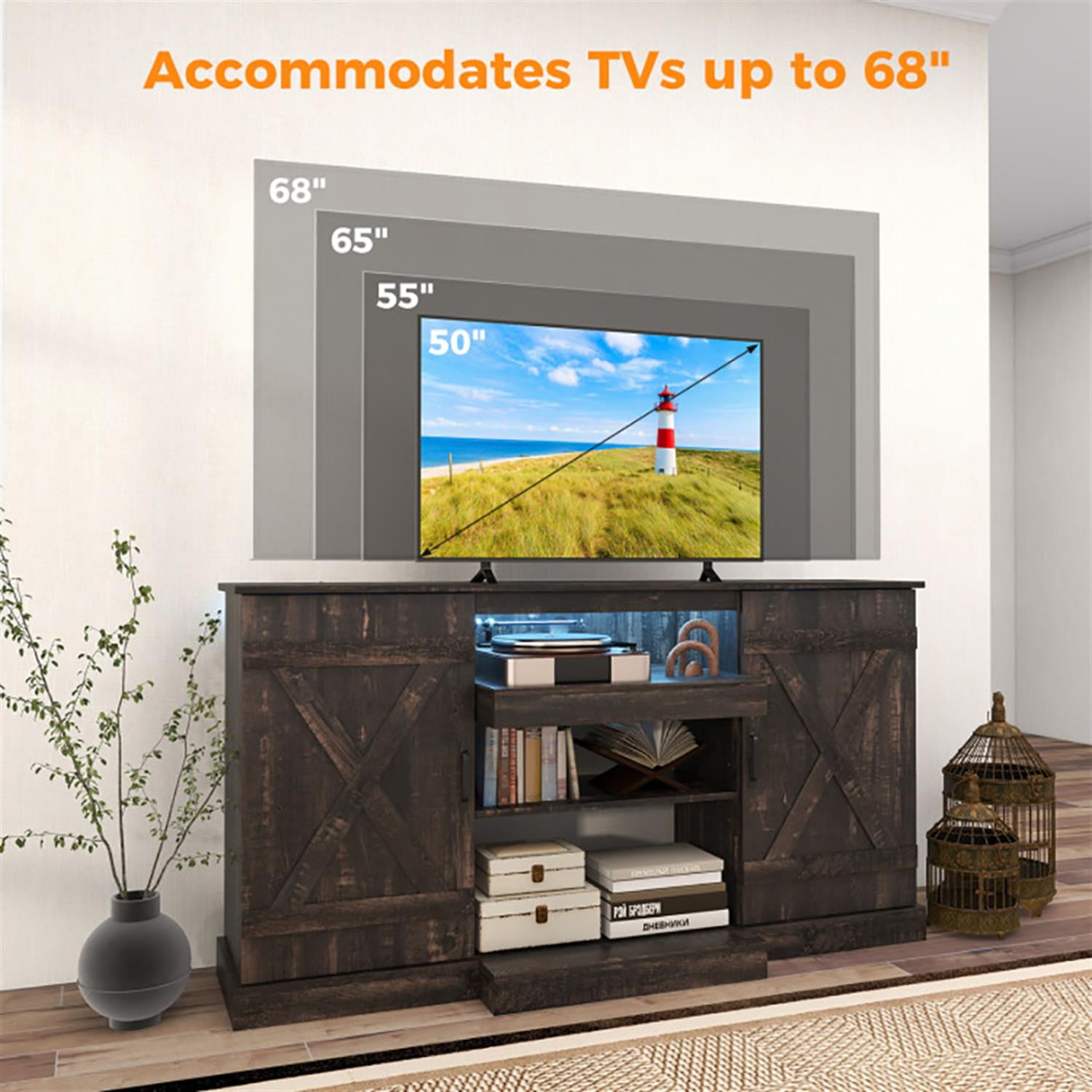 Demi Bonn TV Stand for 65" TVs, Entertainment Center with 20 Color Led Lights, Modern Media TV Console Table for Living Room Bedroom, Brown