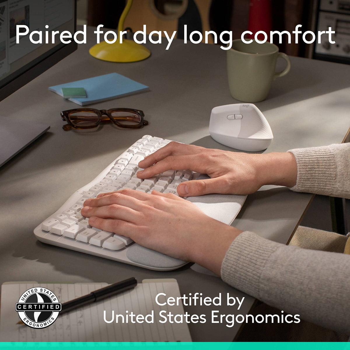 Logitech Wave Keys and Lift Ergonomic Wireless Keyboard and Mouse Combo, Off-White