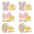 thumbnail image 2 of 3 Pairs Gold Plated Sterling Silver Soft/Light Pink Enamel Bow Ribbon Stud, Pink Enamel Crystal Round Disc and Purple Enamel Butterfly Stud Earrings - Age 4+, 2 of 5
