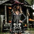 thumbnail image 2 of Xijirk Women Halloween Skeleton Rose Print Dress with V Neck Long Mesh Flare Sleeve Fit and Flare Mini Dress for Witch Cosplay Halloween Party, 2 of 5