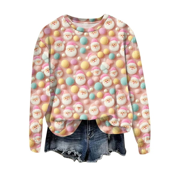 larppty Christmas Sweatshirts for Women 2025 Long Sleeve Pullover Tops Funny Graphic Ugly Christmas Sweater Xmas Shirts for Party (Light Pink, S)