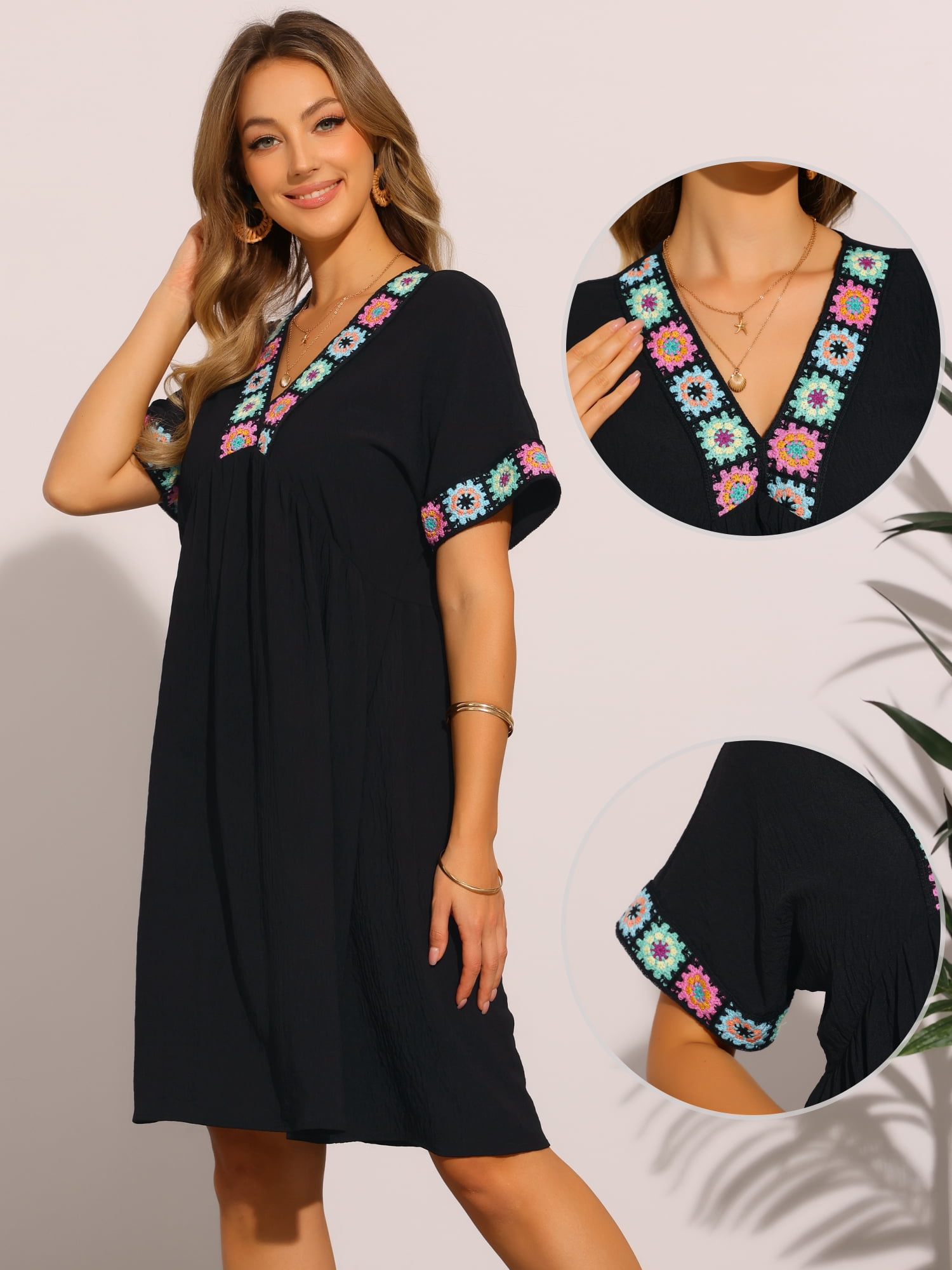 DARING DIVA Boho T-Shirt Casual V Neck Short Sleeve Shift Dress M Black