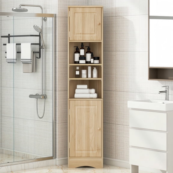 Triangular Corner Storage Cabinet with 2 Doors, Tall Bathroom Hutch Cabinet and Adjustable Shelves