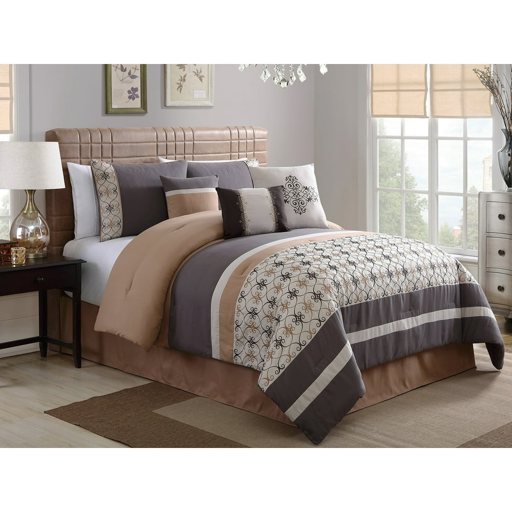7Pc Doni Damask Scroll Floral Royal Embroidery Comforter Set Gray Tan
